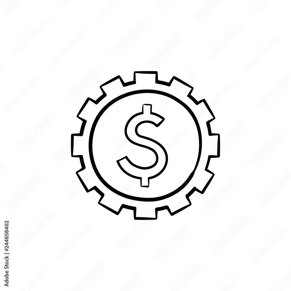 Cog with dollar inside hand drawn outline doodle icon Cog with dollar inside hand drawn outline doodle icon