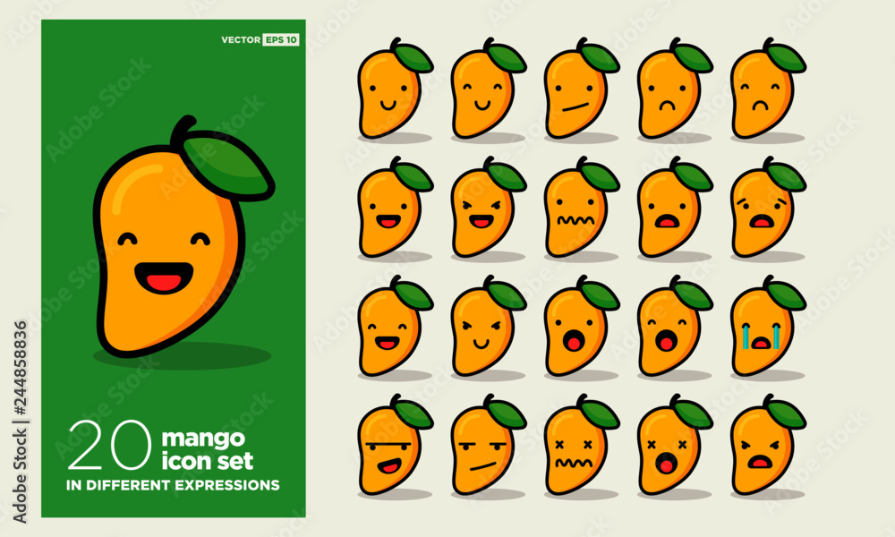 Fototapeta premium Set of Cute Mango Emoji Line Icons In Different Expressions