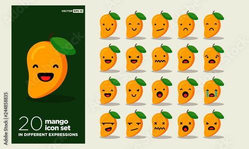Set of Cute Mango Emoji Line Icons In Different Expressions