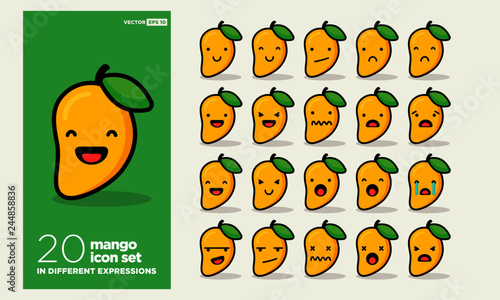 Set of Cute Mango Emoji Line Icons In Different Expressions
