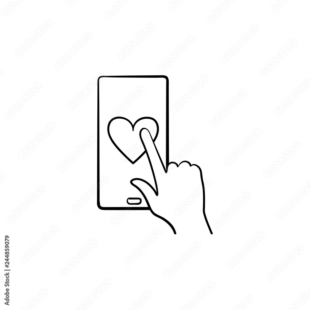 Hand clicking heart on smartphone screen hand drawn outline doodle icon
