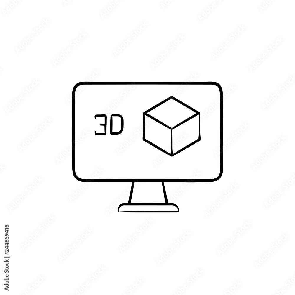 Computer monitor with 3D box hand drawn outline doodle icon. Three-dimensional technology concept. Vector sketch illustration for print, web, mobile and infographics on white background. Computer monitor with 3D box hand drawn outline doodle icon. Three-dimensional technology concept. Vector sketch illustration for print, web, mobile and infographics on white background.