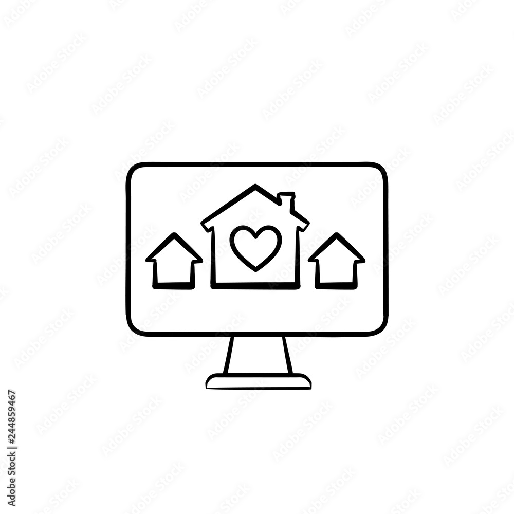 Computer monitor with houses and house with heart hand drawn outline doodle icon. Real estate website concept. Vector sketch illustration for print, web, mobile and infographics on white background. Computer monitor with houses and house with heart hand drawn outline doodle icon. Real estate website concept. Vector sketch illustration for print, web, mobile and infographics on white background.