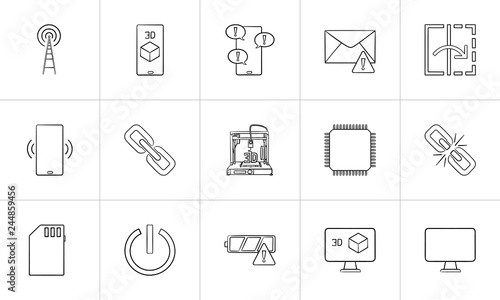 Technology hand drawn outline doodle icon set. Outline doodle icon set for print, web, mobile and infographics. Mobile phone message and 3d vector sketch illustration set isolated on white background.