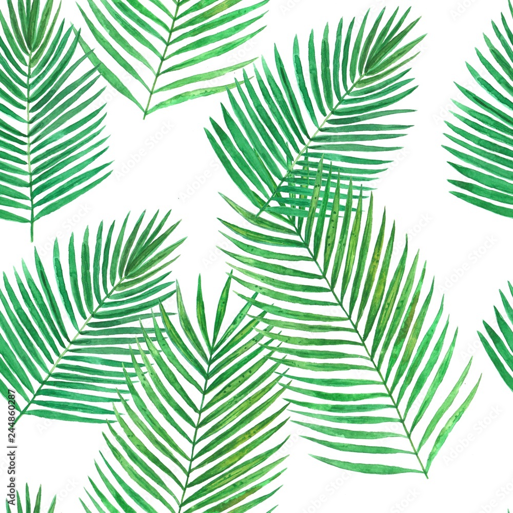 Watercolor seamless tropical pattern with palme leaves