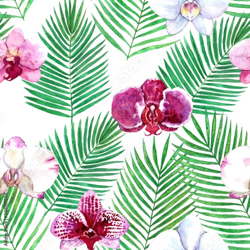 Watercolor seamless tropical pattern with orchid and palme leaves