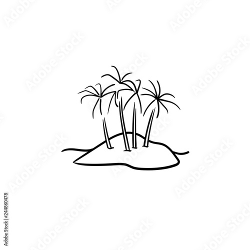 Island with palm trees hand drawn outline doodle icon. Summer vacation, travel and tropical beach concept. Vector sketch illustration for print, web, mobile and infographics on white background.