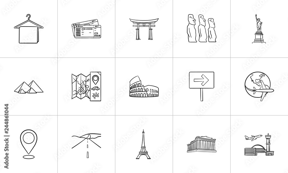 Travel landmarks hand drawn outline doodle icon set. Outline doodle icon set for print, web, mobile and infographics. Trip and vacation vector sketch illustration set isolated on white background. Travel landmarks hand drawn outline doodle icon set. Outline doodle icon set for print, web, mobile and infographics. Trip and vacation vector sketch illustration set isolated on white background.