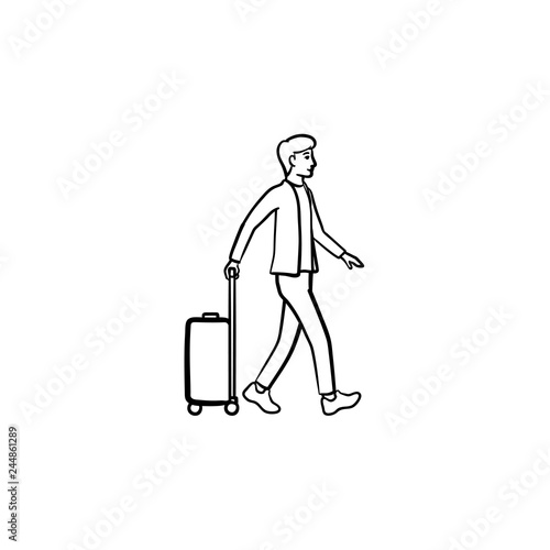 Business traveler walking with suitcase hand drawn outline doodle icon. Luggage and tourism, trip concept. Vector sketch illustration for print, web, mobile and infographics on white background.