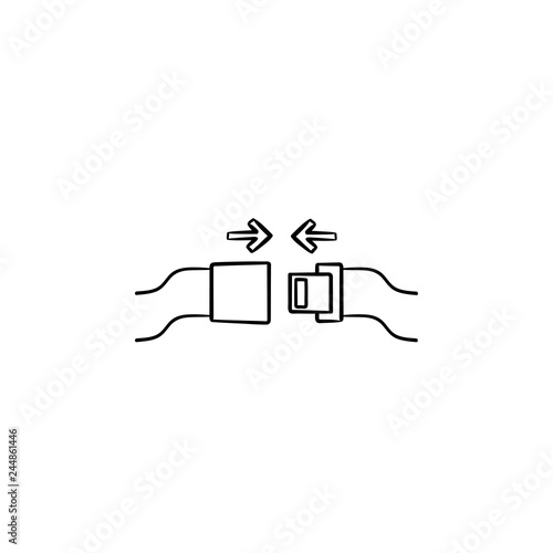 Seat belt and arrows hand drawn outline doodle icon. Fasten safety belt, wear and lock seatbelt concept. Vector sketch illustration for print, web, mobile and infographics on white background.