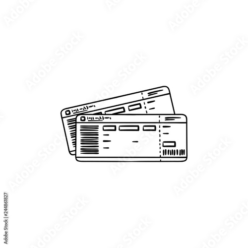 Train ticket hand drawn outline doodle icon. Train boarding pass, journey and railway, subway and trip concept. Vector sketch illustration for print, web, mobile and infographics on white background.