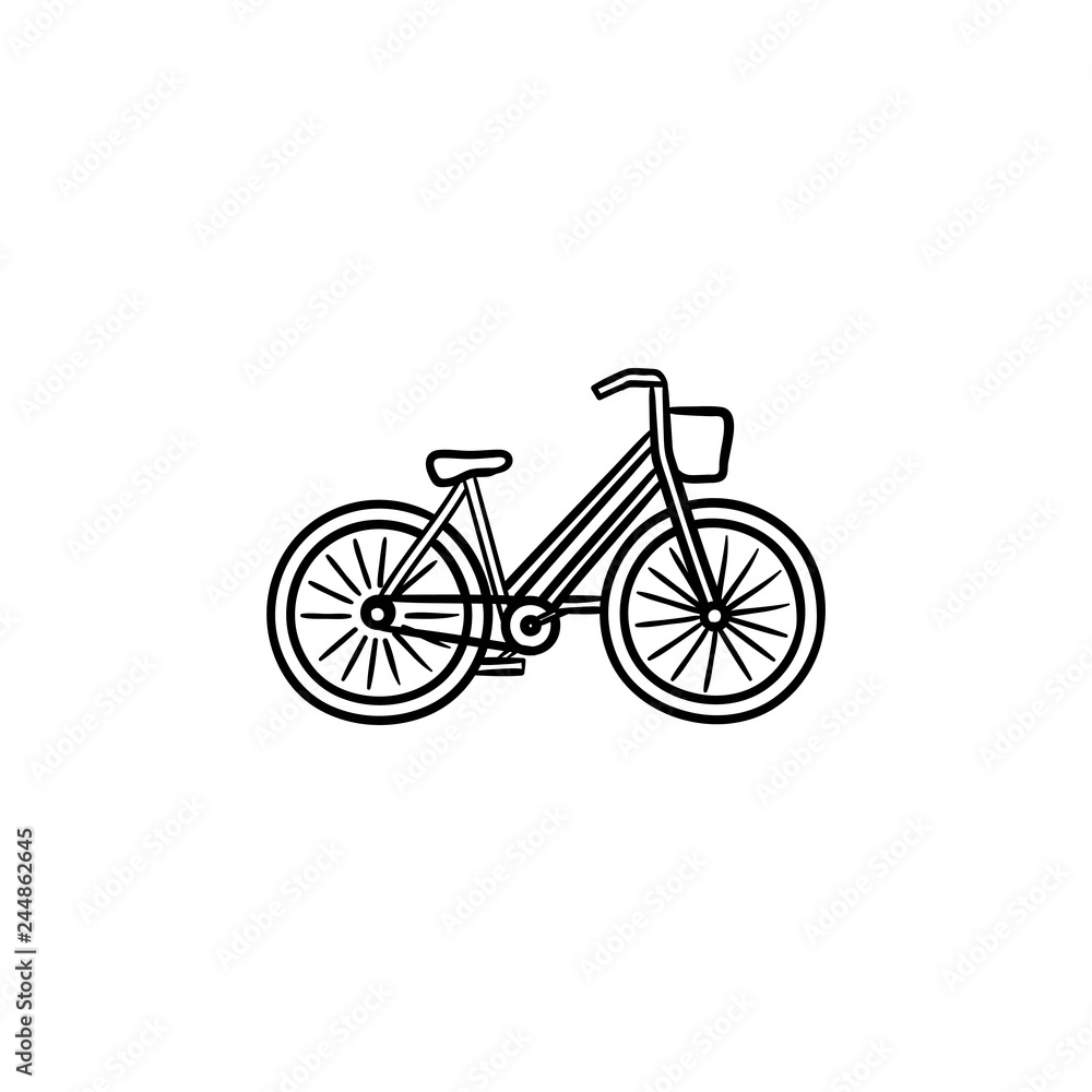Woman bike with basket hand drawn outline doodle icon. Retro bicycle, ladies cycling and shopping concept. Vector sketch illustration for print, web, mobile and infographics on white background.