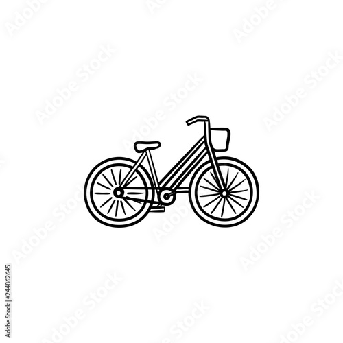 Woman bike with basket hand drawn outline doodle icon. Retro bicycle, ladies cycling and shopping concept. Vector sketch illustration for print, web, mobile and infographics on white background.