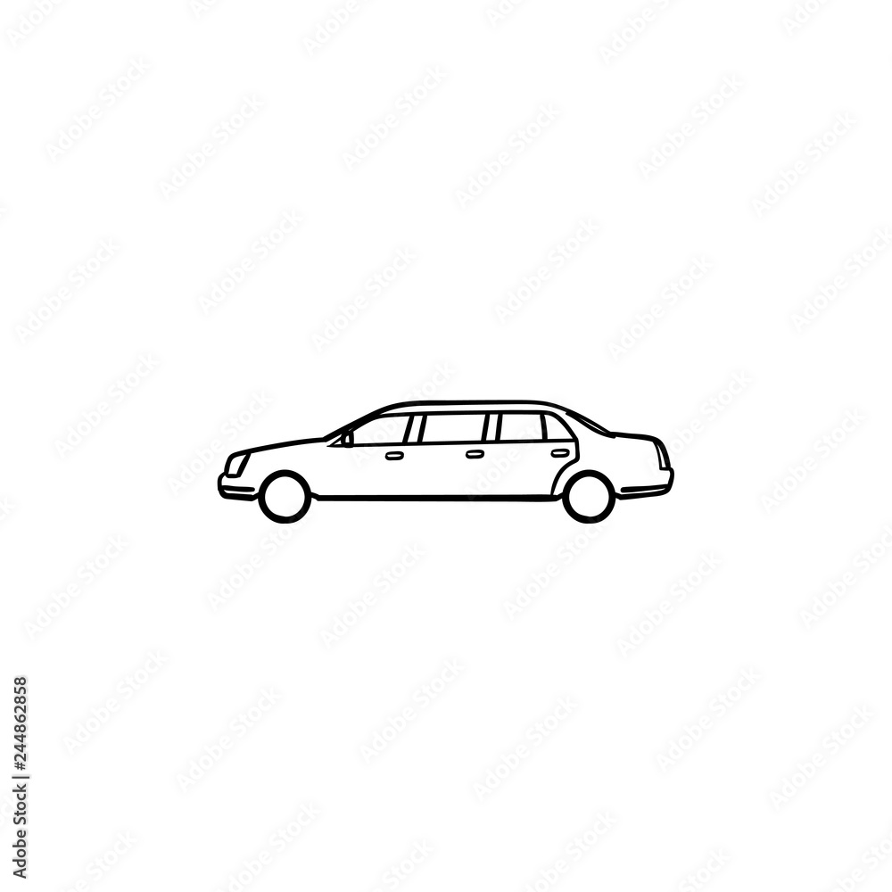 Limousine hand drawn outline doodle icon. Luxury car and city, car transportation and vip, wedding concept. Vector sketch illustration for print, web, mobile and infographics on white background.