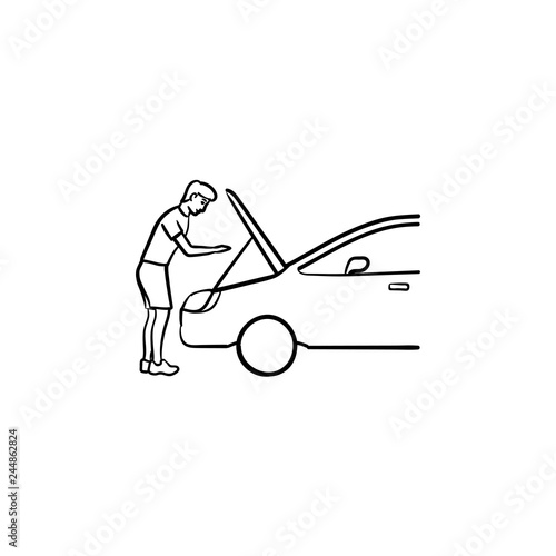 Man under the hood of car hand drawn outline doodle icon. Car repairs and service, car mechanic, engine concept. Vector sketch illustration for print, web, mobile and infographics on white background.