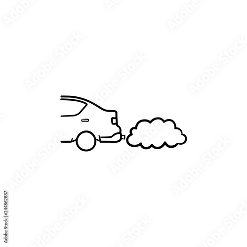 Car emitting exhaust fumes hand drawn outline doodle icon. Ecology and environment pollution ,traffic concept. Vector sketch illustration for print, web, mobile and infographics on white background.