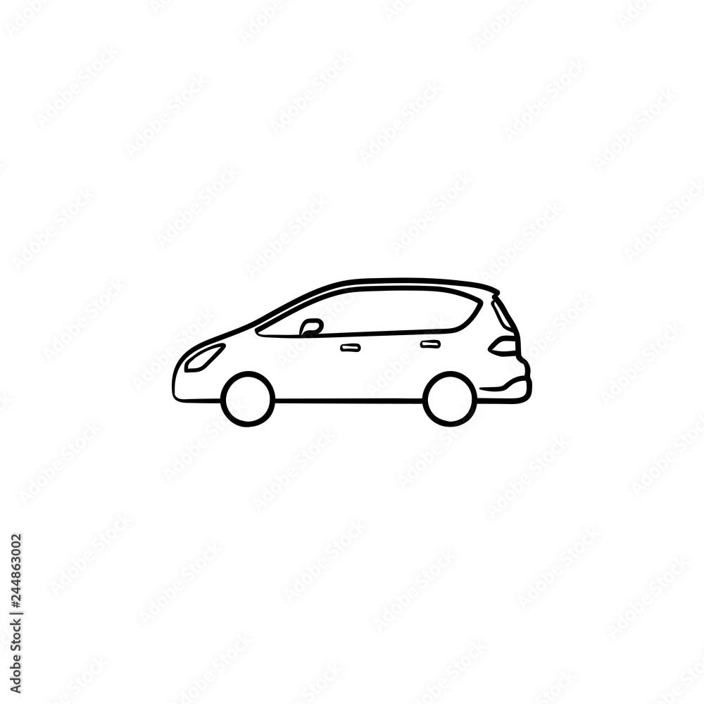 Car side view hand drawn outline doodle icon. Transportation and automobile, drive and travel concept. Vector sketch illustration for print, web, mobile and infographics on white background.