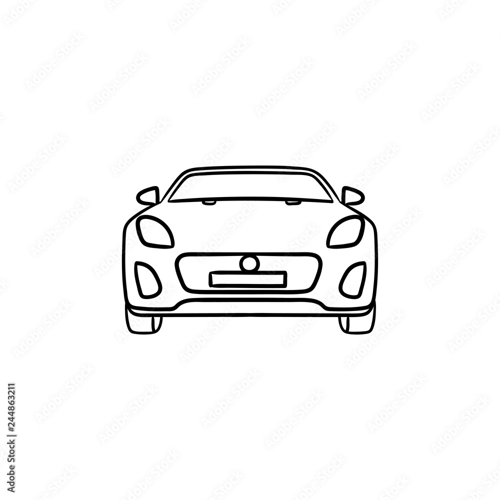 Car front view hand drawn outline doodle icon. Automobile and speed vehicle, drive and travel, road concept. Vector sketch illustration for print, web, mobile and infographics on white background.