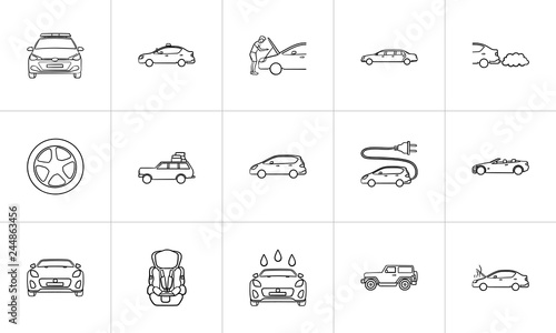 Car hand drawn outline doodle icon set. Outline doodle icon set for print, web, mobile and infographics. Electric and police car, repair vector sketch illustration set isolated on white background.