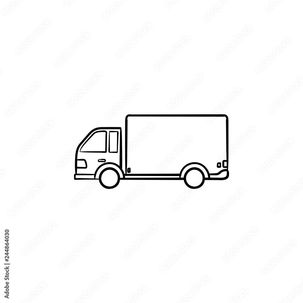 Delivery truck hand drawn outline doodle icon. Fast delivery, courier delivering and shipping concept. Vector sketch illustration for print, web, mobile and infographics on white background.