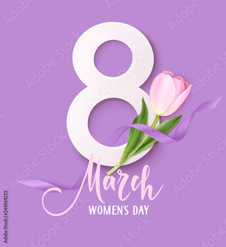 Happy Womens Day. 8March design template. Decorative number with purple ribbon and tulip flowers. Vector illustration