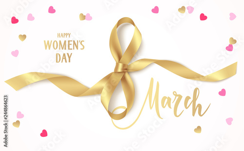 8 march. Happy Women's day design template. Decorative golden bow with long ribbon and heart confetti on white background. Vector illustration
