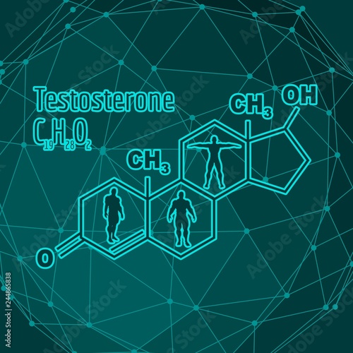 Chemical molecular formula hormone testosterone. Infographics illustration. Man silhouette