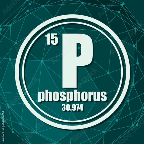 Phosphorus chemical element. Sign with atomic number and atomic weight. Chemical element of periodic table. Molecule And Communication Background. Connected lines with dots.
