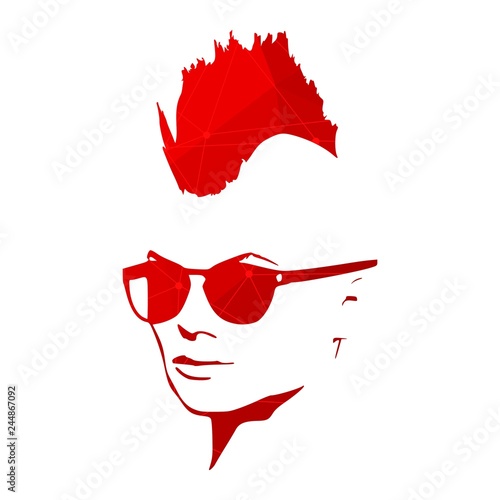 Portrait of beautiful woman in black sunglasses. Mohawk hair style. Connected lines with dots.