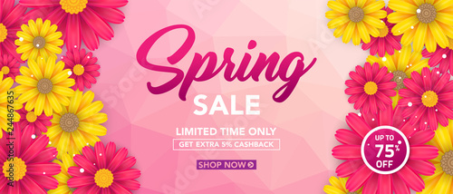 Spring sale banner template with beautiful colorful flower on pink background, for shopping sale. banner design. Poster, card, web banner. Vector illustration