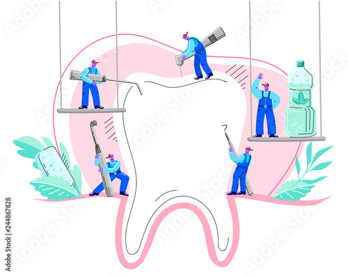 Small men treat, clean big tooth dental insturment. Dentistry work concept. Handdraw vector illustration.
