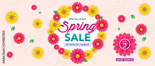 Spring sale banner template with beautiful colorful flower on pink background, for shopping sale. banner design. Poster, card, web banner. Vector illustration