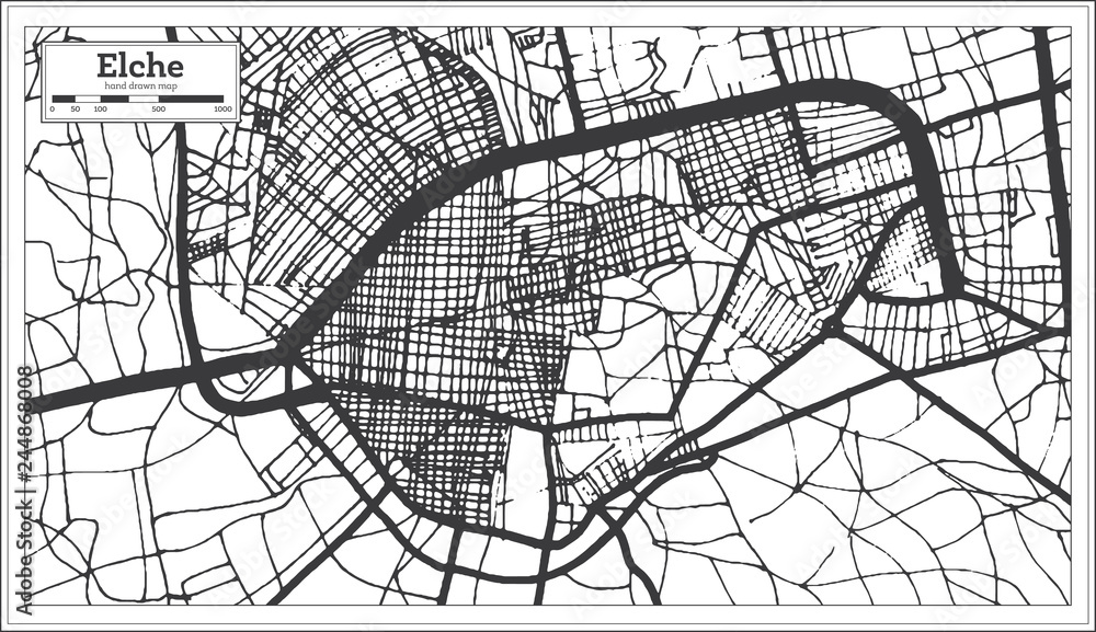 Elche Spain City Map in Retro Style. Outline Map.