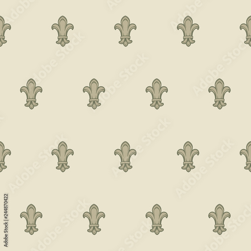 Fleur-de-lis royal french lilly flower seamless patterns. Fleur-de-lys backdrop for interior design. Imperial ornate motif tiles. Retro palette with muted colors. EPS10 vector illustration