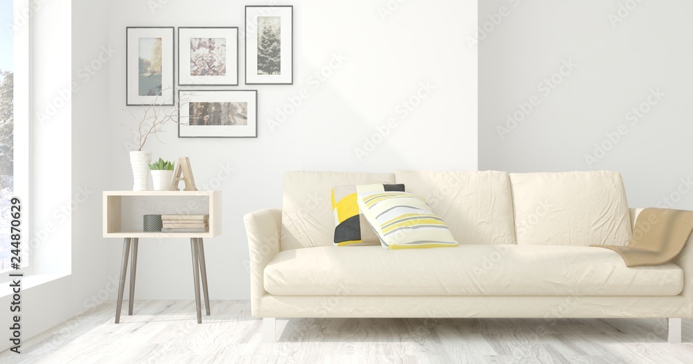 Fototapeta premium White stylish minimalist room with sofa. Scandinavian interior design. 3D illustration