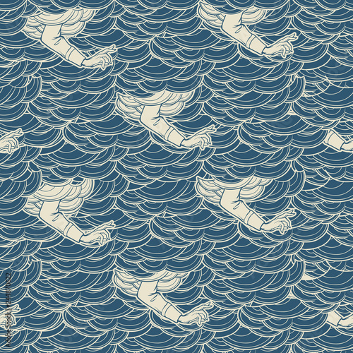 Blessing hand appearing from the clouds. Seamless pattern. Popular decorative motiff in Medieval european art. Element for medieval style illustrations. Retro colors. EPS 10 vector illustration