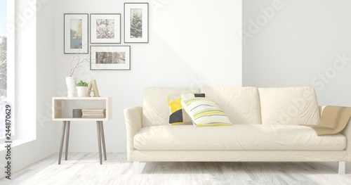 White stylish minimalist room with sofa. Scandinavian interior design. 3D illustration © AntonSh