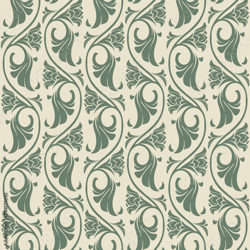 Gothic floral seamless pattern. Vertical rhythm. Popular motiff in Medieval european art. Element for designing medieval style textile, prints and illustrations. Retro colors. EPS 10 vector