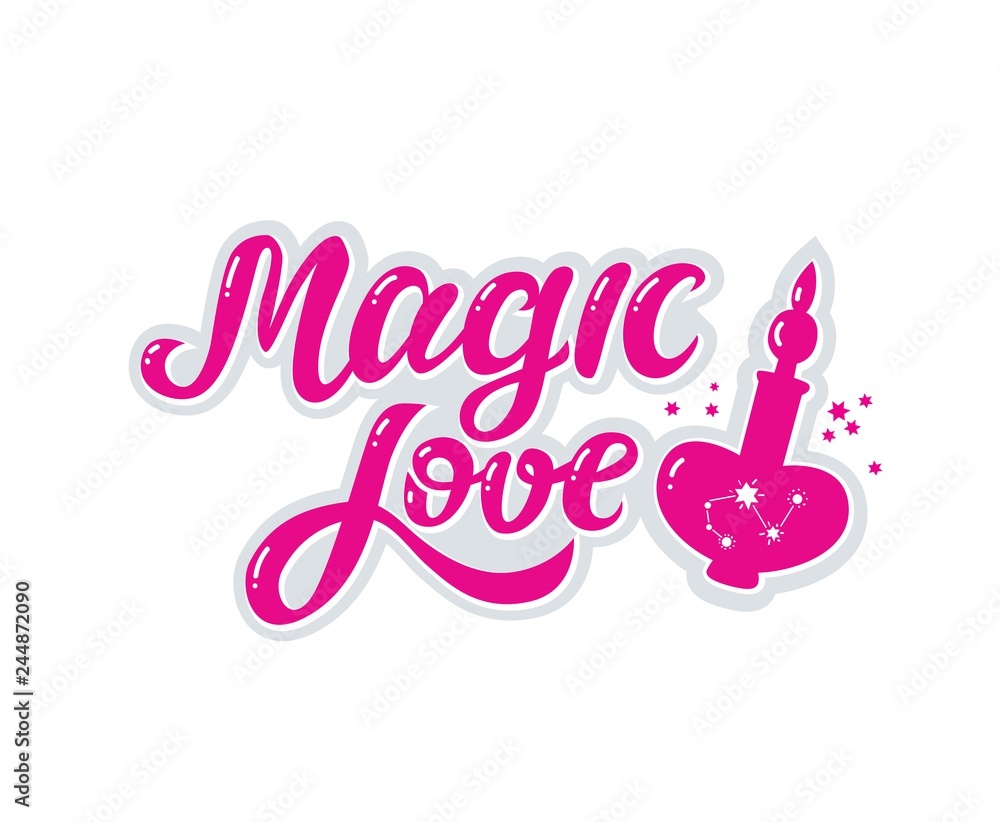 Obraz premium Magic love hand drawn text and a bottle of a love potion illustration. 