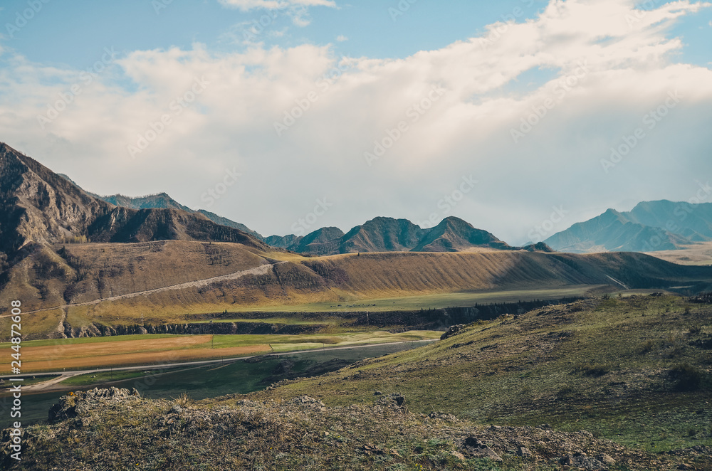Fototapeta premium Mountain landscapes of the Chui tract, Altai. Valley Chuya. Petroglyphic complex Kalbak-Tash