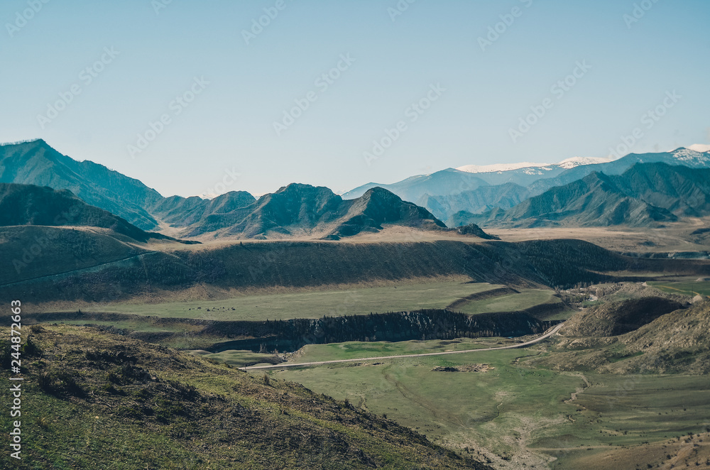 Mountain landscape. View of the valley with a beautiful plateau Chui tract, Altai. Valley Chuya.