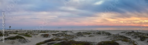 Coronado Beach in San Diego by the Historic Hotel del Coronado, at sunset with unique beach sand dunes, panorama view of the Pacific Ocean, silhouettes of people walking and boats in California, Unite
