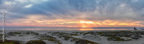 Coronado Beach in San Diego by the Historic Hotel del Coronado  at sunset with unique beach sand dunes  panorama view of the Pacific Ocean  silhouettes of people walking and boats in California  Unite