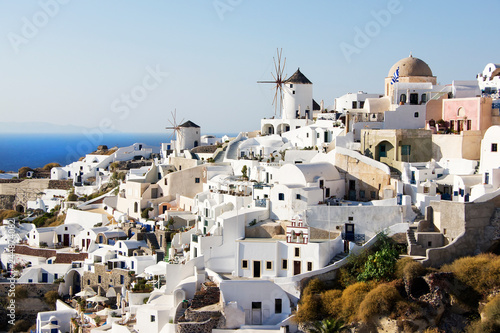 Traditional landscape in Oia on Santorini island, Greece by sunny day