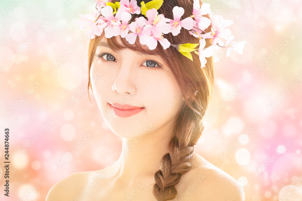closeup young beauty face with spring background