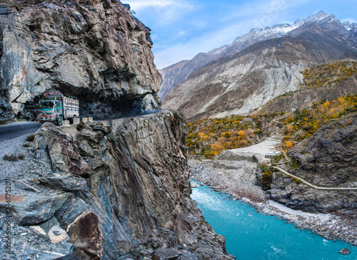 World's most dangerous road in the Karakorum mountains photo