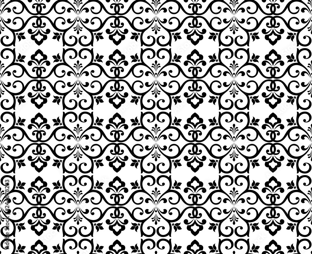 Wallpaper in the style of Baroque. Seamless vector background. White and black floral ornament. Graphic pattern for fabric, wallpaper, packaging. Ornate Damask flower ornament Wallpaper in the style of Baroque. Seamless vector background. White and black floral ornament. Graphic pattern for fabric, wallpaper, packaging. Ornate Damask flower ornament
