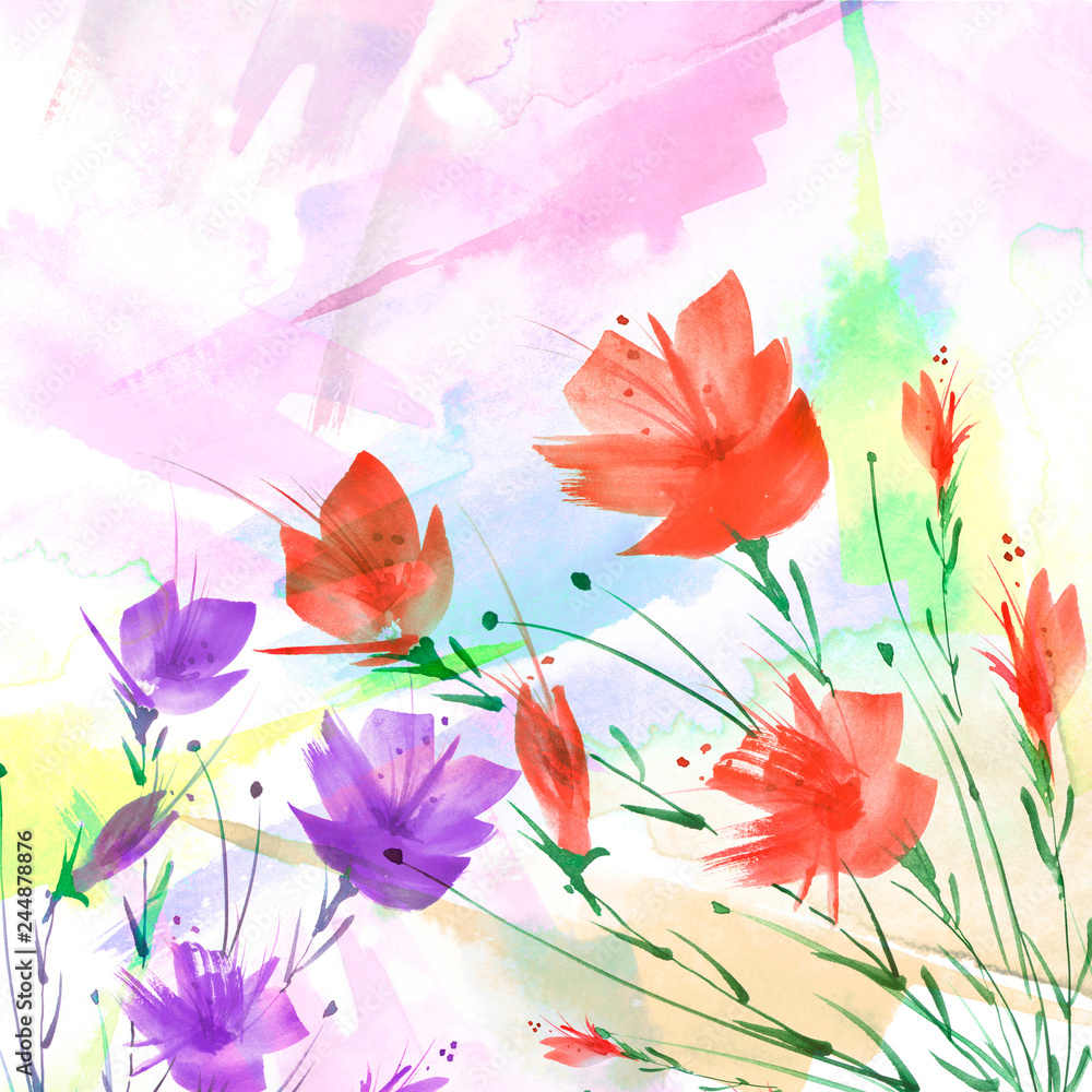 Watercolor bouquet of flowers, Beautiful abstract splash of paint, fashion illustration.Orchid flowers, poppy, cornflower, peony, rose, field or garden flowers. Watercolor abstract. Greeting card