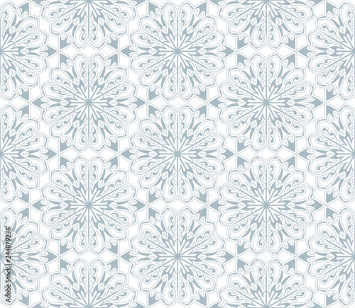 Abstract geometric pattern with lines, snowflakes. A seamless vector background. White and blue texture. Graphic modern pattern