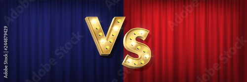 Versus screen design. Vector golden VS letters with shiny bulbs on red and blue curtain backgrounds.